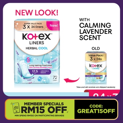 KOTEX Herbal Cool Longer & Wider Pantyliner 17.5cm (24s x 3 Packs) - Liners with Calming Lavender Scent