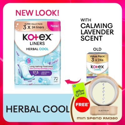 KOTEX - Herbal Cool Longer & Wider Pantyliner 17.5cm (24s x 3 Packs) - Liners with Calming Lavender Scent