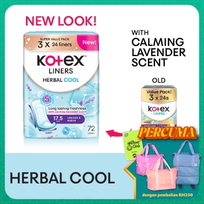 KOTEX Herbal Cool Longer & Wider Pantyliner 17.5cm (24s x 3 Packs) - Liners with Calming Lavender Scent