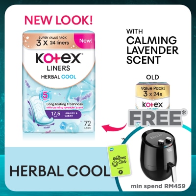 KOTEX Herbal Cool Longer & Wider Pantyliner 17.5cm (24s x 3 Packs) - Liners with Calming Lavender Scent