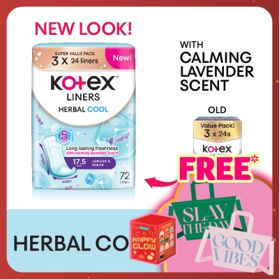 KOTEX Herbal Cool Longer & Wider Pantyliner 17.5cm (24s x 3 Packs) - Liners with Calming Lavender Scent