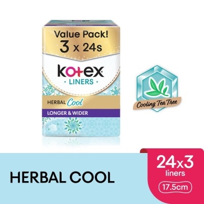 KOTEX Herbal Cool Longer & Wider Pantyliner 17.5cm (24s x 3 Packs) - Liners with Cooling Tea Tree Extract