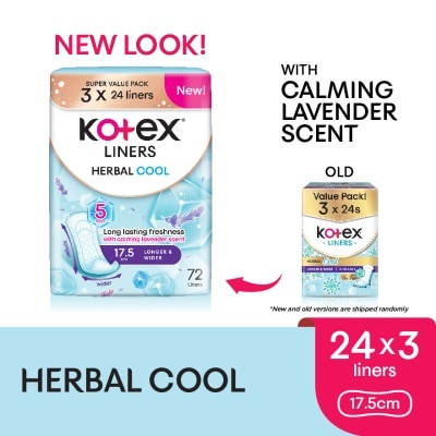 KOTEX Herbal Cool Longer & Wider Pantyliner 17.5cm (24s x 3 Packs) - Liners with Calming Lavender Scent