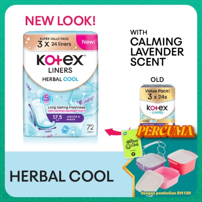 KOTEX - Herbal Cool Longer & Wider Pantyliner 17.5cm (24s x 3 Packs) - Liners with Calming Lavender Scent