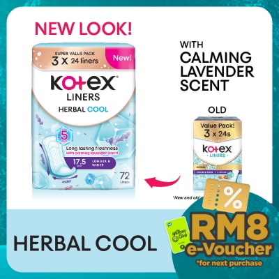 KOTEX Herbal Cool Longer & Wider Pantyliner 17.5cm (24s x 3 Packs) - Liners with Calming Lavender Scent