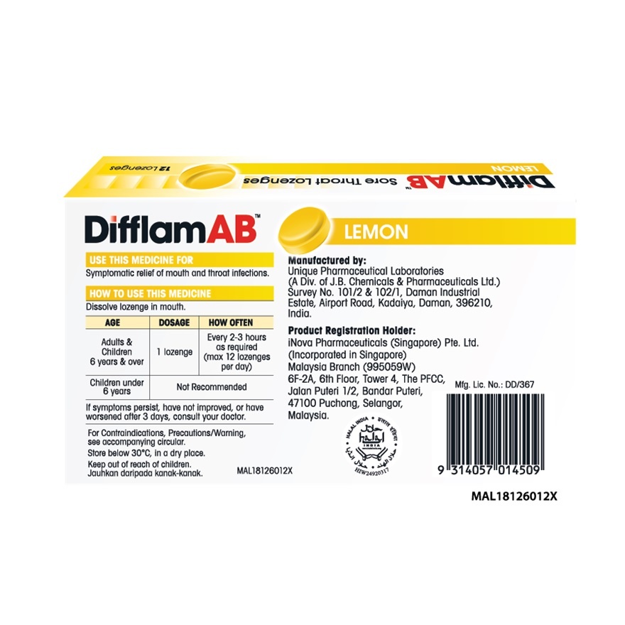 AB Sore Throat Lozenges Lemon 12's image