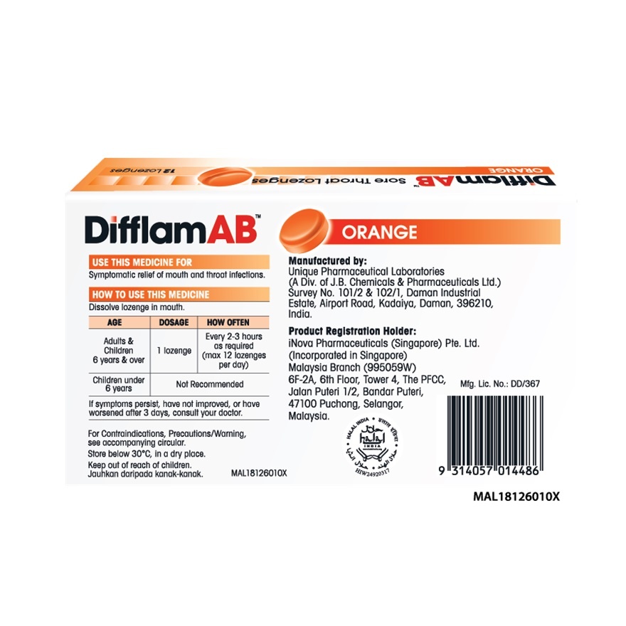 AB Sore Throat Lozenges Orange 12's image