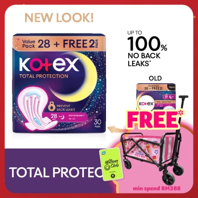 KOTEX Total Protection Overnight Wing Pad 28cm (28s) - Sanitary Pad that prevents up to 100% No Back Leaks