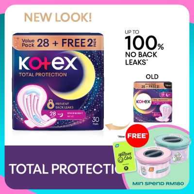 KOTEX Total Protection Overnight Wing Pad 28cm (28s) - Sanitary Pad that prevents up to 100% No Back Leaks