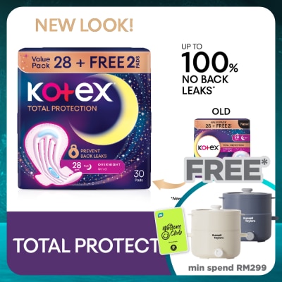 KOTEX Total Protection Overnight Wing Pad 28cm (28s) - Sanitary Pad that prevents up to 100% No Back Leaks