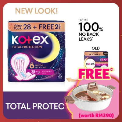 KOTEX Total Protection Overnight Wing Pad 28cm (28s) - Sanitary Pad that prevents up to 100% No Back Leaks