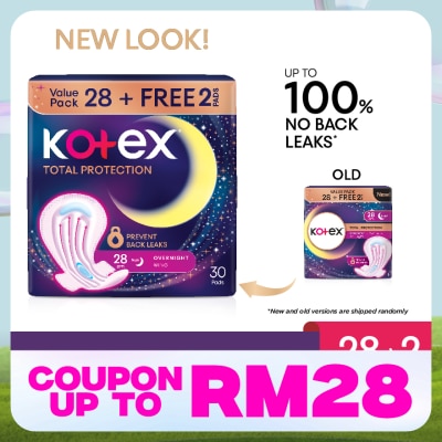KOTEX Total Protection Overnight Wing Pad 28cm (28s) - Sanitary Pad that prevents up to 100% No Back Leaks