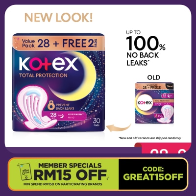 KOTEX Total Protection Overnight Wing Pad 28cm (28s) - Sanitary Pad that prevents up to 100% No Back Leaks