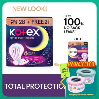 KOTEX Total Protection Overnight Wing Pad 28cm (28s) - Sanitary Pad that prevents up to 100% No Back Leaks