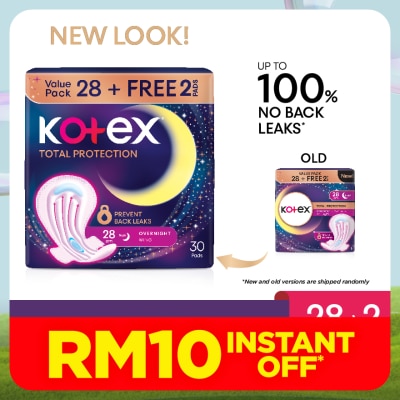 KOTEX Total Protection Overnight Wing Pad 28cm (28s) - Sanitary Pad that prevents up to 100% No Back Leaks