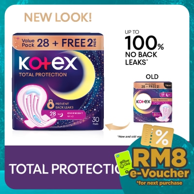 KOTEX Total Protection Overnight Wing Pad 28cm (28s) - Sanitary Pad that prevents up to 100% No Back Leaks