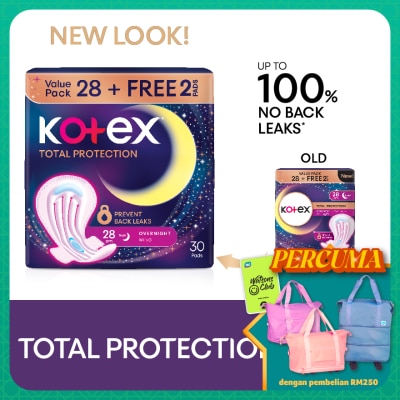 KOTEX Total Protection Overnight Wing Pad 28cm (28s) - Sanitary Pad that prevents up to 100% No Back Leaks