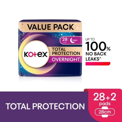 KOTEX Total Protection Overnight Wing Pad 28cm (28s) - Sanitary Pad that prevents up to 100% No Back Leaks