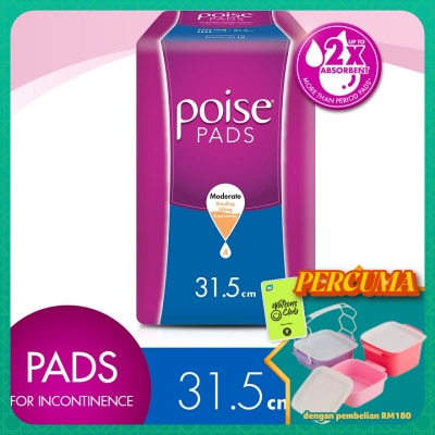 POISE - Pads Incontinence Extra Long Non Wing 31.5cm 12s - Moderate Bladder/Urine Leakage Protection