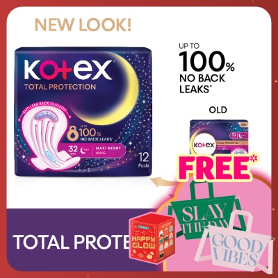 KOTEX Total Protection Overnight Wing Pad 32cm (12s) - Sanitary Pad that prevents up to 100% No Back Leaks