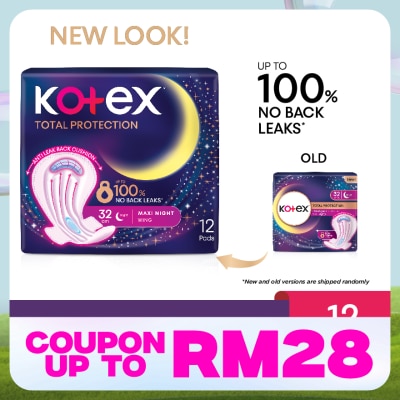KOTEX Total Protection Overnight Wing Pad 32cm (12s) - Sanitary Pad that prevents up to 100% No Back Leaks