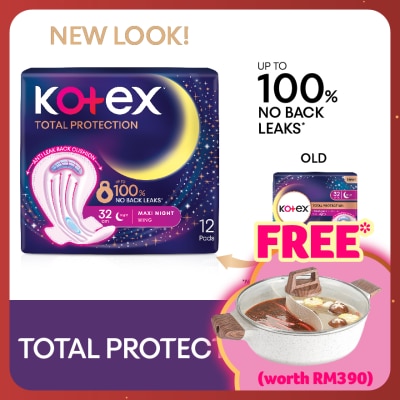 KOTEX Total Protection Overnight Wing Pad 32cm (12s) - Sanitary Pad that prevents up to 100% No Back Leaks