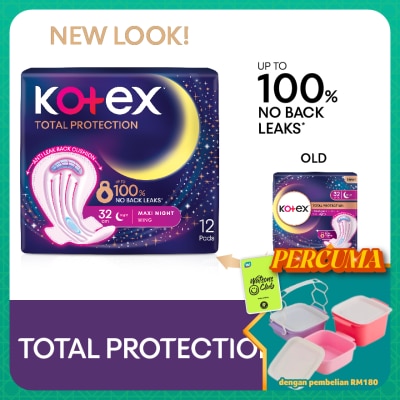 KOTEX - Total Protection Overnight Wing Pad 32cm (12s) - Sanitary Pad that prevents up to 100% No Back Leaks