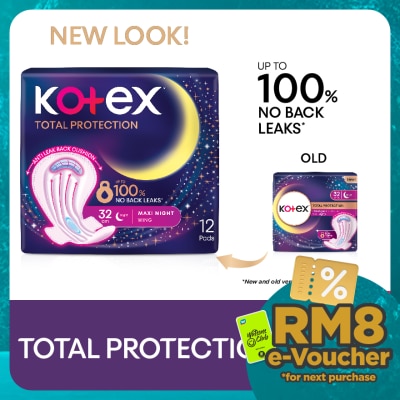 KOTEX Total Protection Overnight Wing Pad 32cm (12s) - Sanitary Pad that prevents up to 100% No Back Leaks