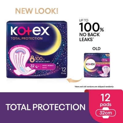 KOTEX Total Protection Overnight Wing Pad 32cm (12s) - Sanitary Pad that prevents up to 100% No Back Leaks