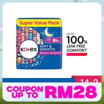 KOTEX Soft & Smooth Overnight Wing Pad 28cm (14s x 2 Packs) - Sanitary Pad with 100% Leak Free Comfort