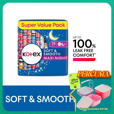 KOTEX - Soft & Smooth Overnight Wing Pad 28cm (14s x 2 Packs) - Sanitary Pad with 100% Leak Free Comfort