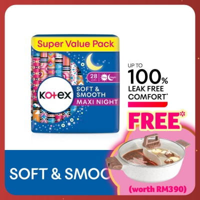 KOTEX Soft & Smooth Overnight Wing Pad 28cm (14s x 2 Packs) - Sanitary Pad with 100% Leak Free Comfort