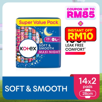 KOTEX Soft & Smooth Overnight Wing Pad 28cm (14s x 2 Packs) - Sanitary Pad with 100% Leak Free Comfort