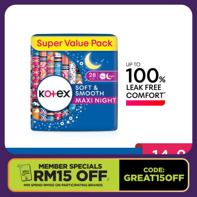 KOTEX Soft & Smooth Overnight Wing Pad 28cm (14s x 2 Packs) - Sanitary Pad with 100% Leak Free Comfort