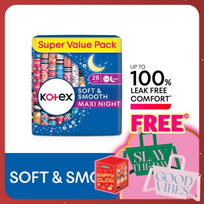 KOTEX Soft & Smooth Overnight Wing Pad 28cm (14s x 2 Packs) - Sanitary Pad with 100% Leak Free Comfort