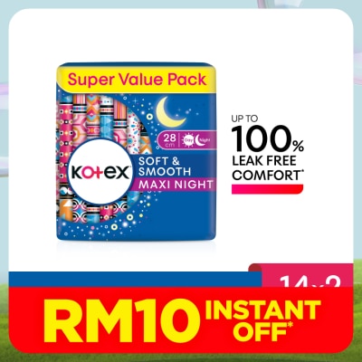 KOTEX Soft & Smooth Overnight Wing Pad 28cm (14s x 2 Packs) - Sanitary Pad with 100% Leak Free Comfort