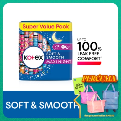 KOTEX Soft & Smooth Overnight Wing Pad 28cm (14s x 2 Packs) - Sanitary Pad with 100% Leak Free Comfort