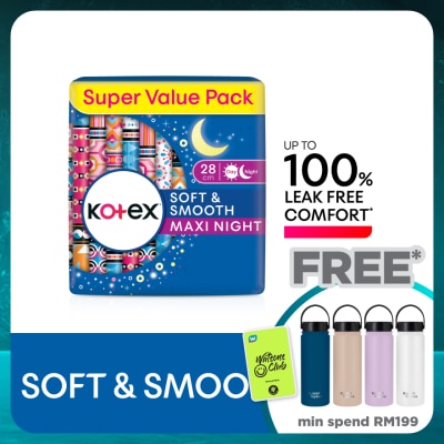 KOTEX Soft & Smooth Overnight Wing Pad 28cm (14s x 2 Packs) - Sanitary Pad with 100% Leak Free Comfort