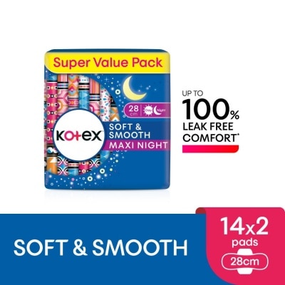 KOTEX Soft & Smooth Overnight Wing Pad 28cm (14s x 2 Packs) - Sanitary Pad with 100% Leak Free Comfort