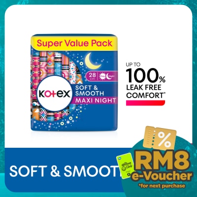 KOTEX Soft & Smooth Overnight Wing Pad 28cm (14s x 2 Packs) - Sanitary Pad with 100% Leak Free Comfort