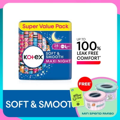 KOTEX Soft & Smooth Overnight Wing Pad 28cm (14s x 2 Packs) - Sanitary Pad with 100% Leak Free Comfort