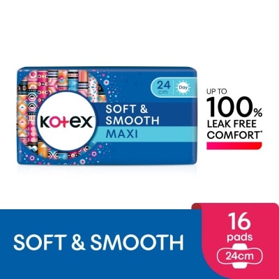 KOTEX Soft & Smooth Maxi Day Wing Pad 24cm (16s) - Sanitary Pad with 100% Leak Free Comfort