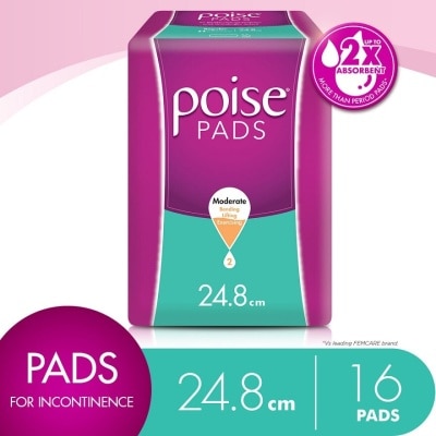 POISE Pads Incontinence Regular Non Wing 24.8cm 16s - Moderate Bladder/Urine Leakage Protection