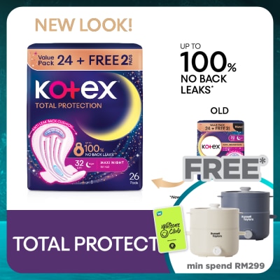 KOTEX Total Protection Overnight Wing Pad 32cm (24s) - Sanitary Pad that prevents up to 100% No Back Leaks