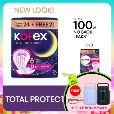 KOTEX - Total Protection Overnight Wing Pad 32cm (24s) - Sanitary Pad that prevents up to 100% No Back Leaks