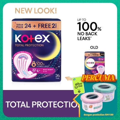 KOTEX Total Protection Overnight Wing Pad 32cm (24s) - Sanitary Pad that prevents up to 100% No Back Leaks