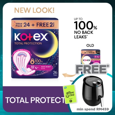 KOTEX Total Protection Overnight Wing Pad 32cm (24s) - Sanitary Pad that prevents up to 100% No Back Leaks