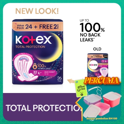 KOTEX - Total Protection Overnight Wing Pad 32cm (24s) - Sanitary Pad that prevents up to 100% No Back Leaks