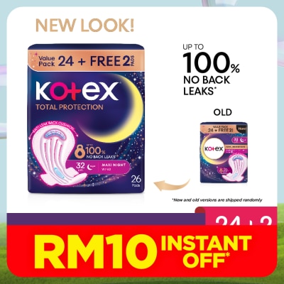 KOTEX Total Protection Overnight Wing Pad 32cm (24s) - Sanitary Pad that prevents up to 100% No Back Leaks