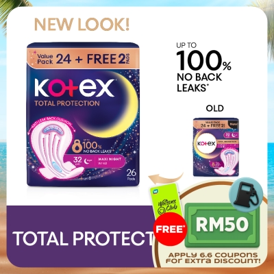 KOTEX - Total Protection Overnight Wing Pad 32cm (24s) - Sanitary Pad that prevents up to 100% No Back Leaks